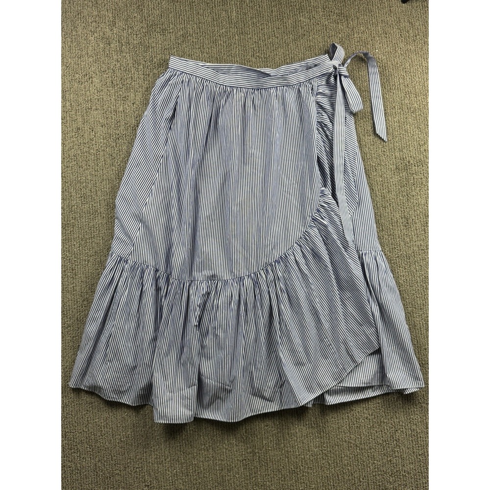 J Crew Womens 14 Ruffle Wrap Skirt Midi Blue Shirting Stripe Cotton Poplin
